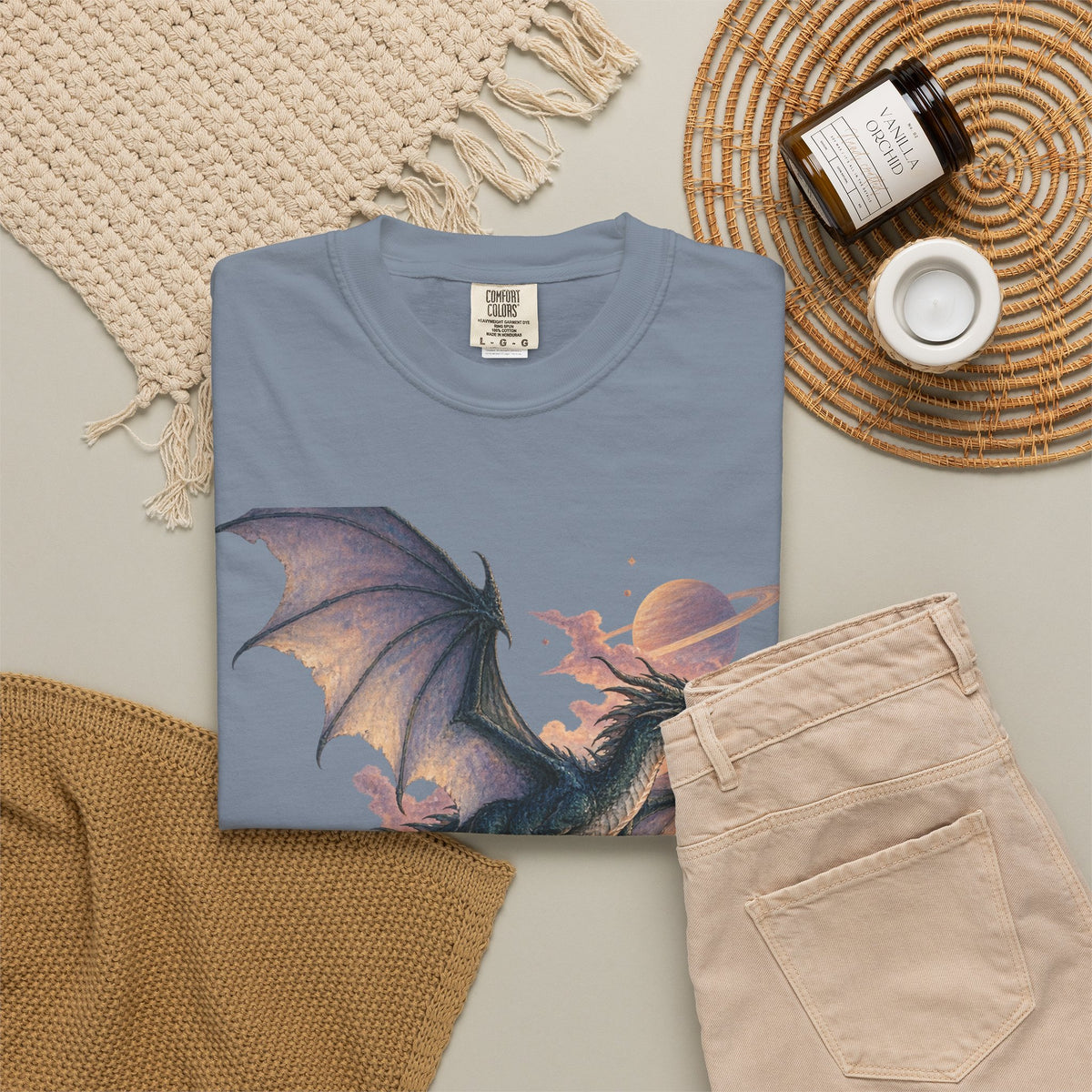 Celestial Dragon Over Forest Tee Fantasy Ringed Planet Mountain Shirt