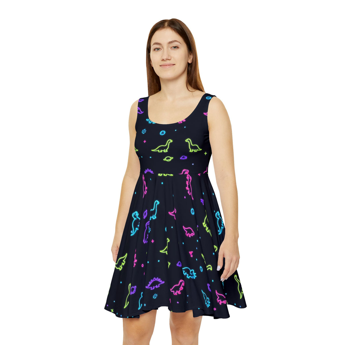 Neon Dinosaur Space Skater Dress Women All Over Print Galaxy Dino Stars Black