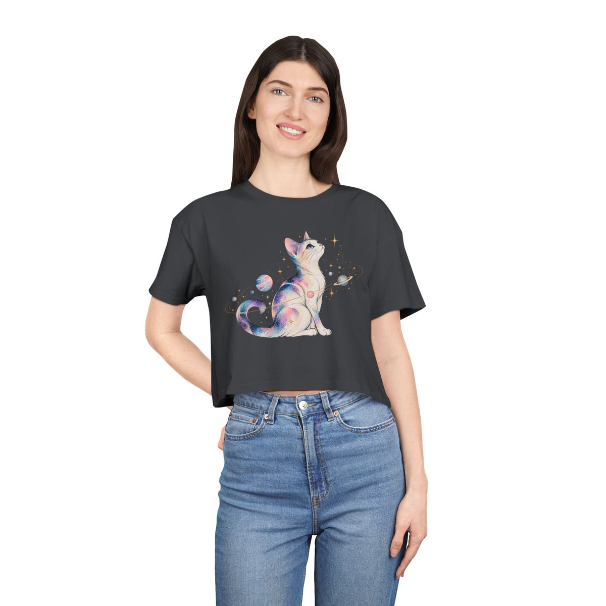 Cosmic Galaxy Cat Crop Tee, Pastel Watercolor Cat Planets Gold Stars Celestial Women's Cropped T-Shirt
