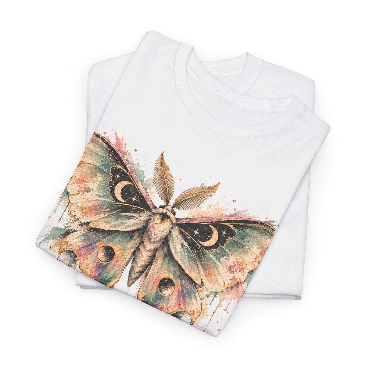 Celestial Luna Moth T-Shirt, Pastel Watercolor Moth Crescent Moon Stars Paint Drip Graphic Tee Unisex