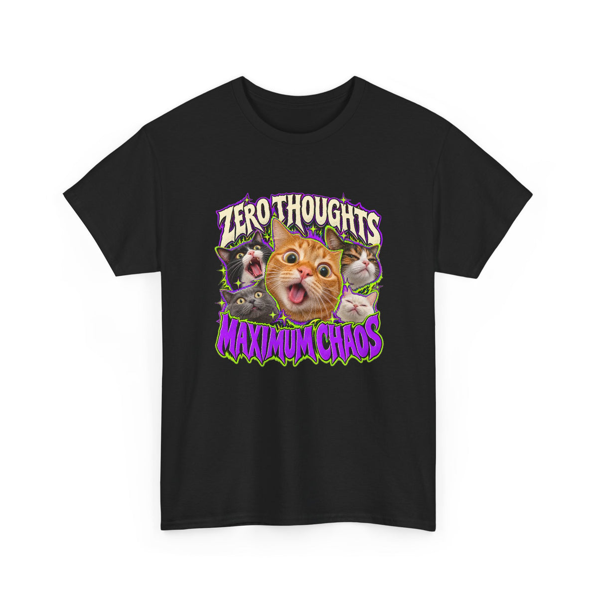 Zero Thoughts Maximum Chaos T-Shirt Funny Cat Heads Meme Tee