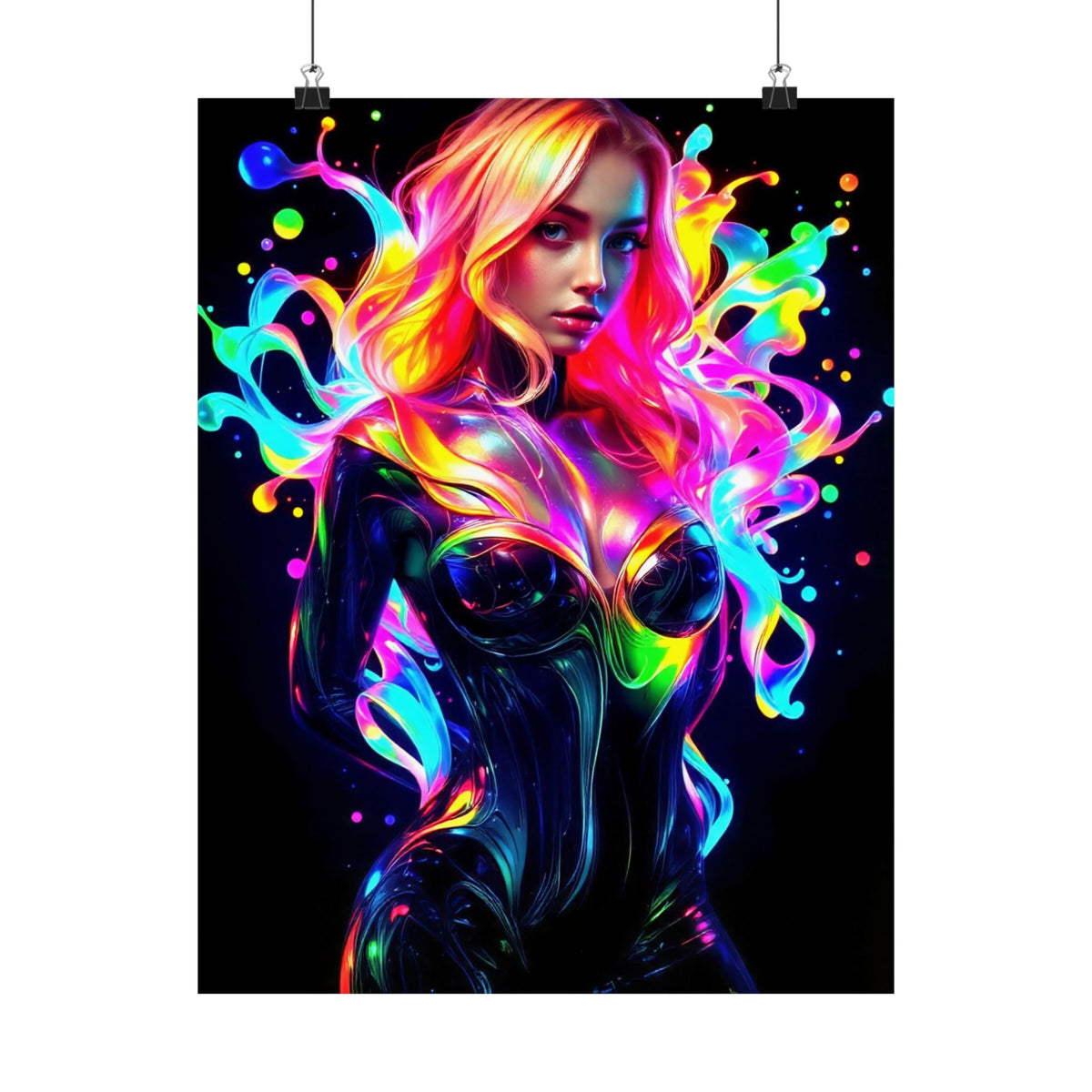 Neon Splash Rainbow Hair Woman Poster Matte Vertical Wall Art