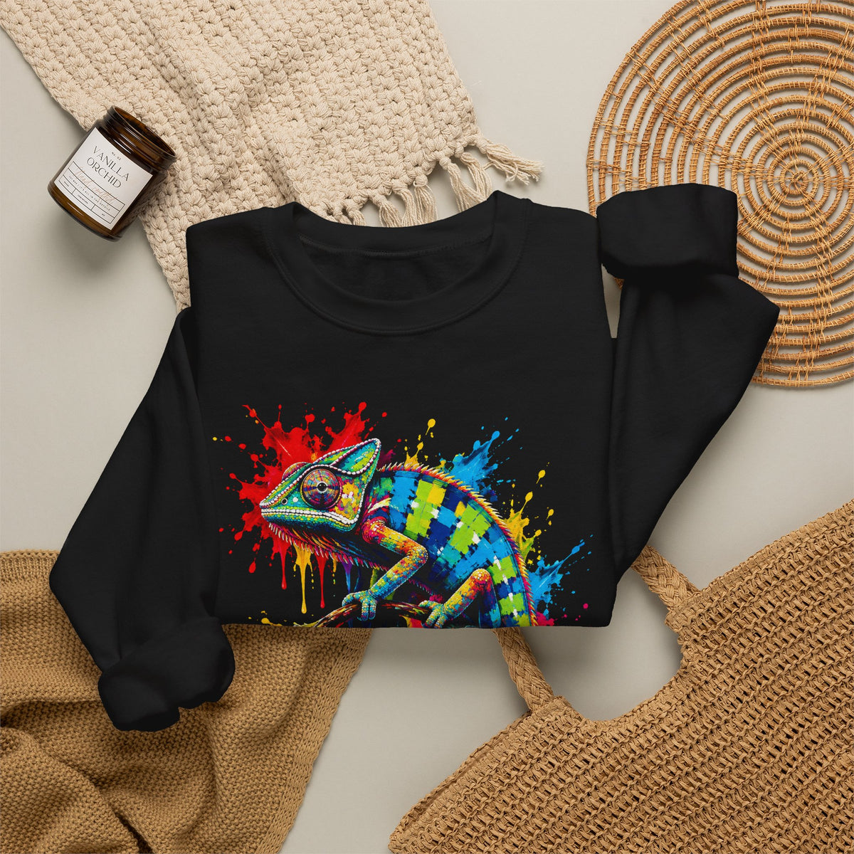 Rainbow Chameleon Sweatshirt Colorful Paint Splash Lizard Reptile Art Crewneck