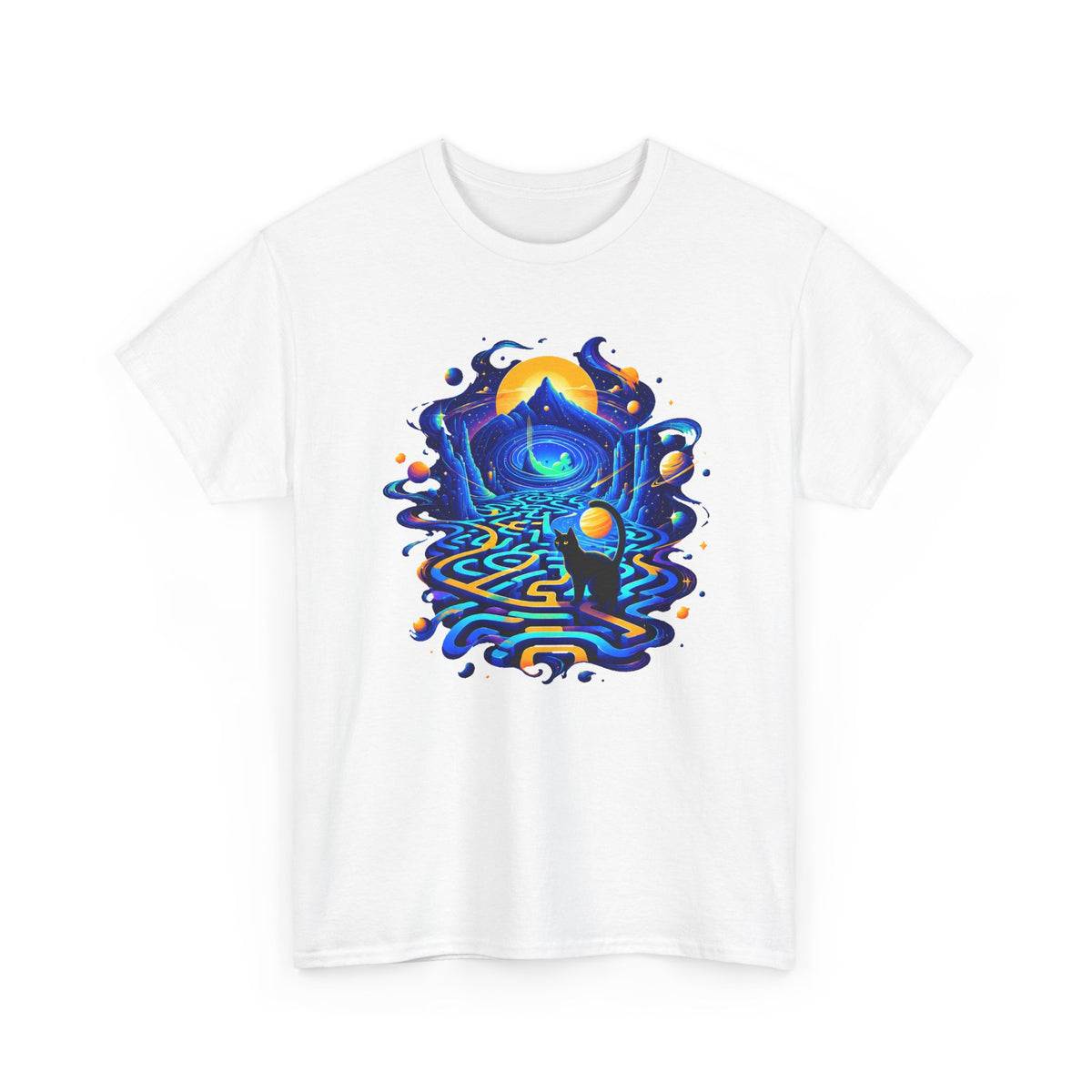 Cosmic Black Cat Maze T-Shirt Celestial Galaxy Labyrinth Mountain Sun Cat Lover Tee