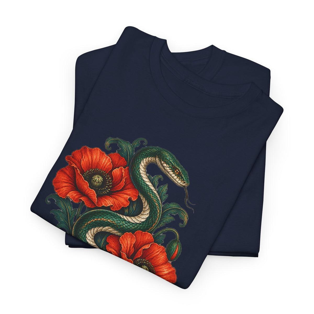 Green Snake Red Poppies T-Shirt Botanical Serpent Floral Tee
