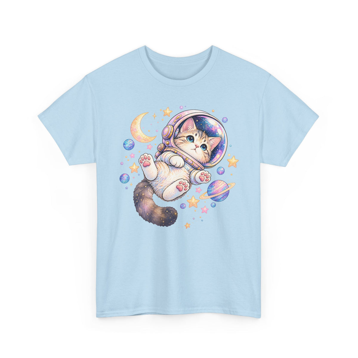 Astronaut Kitten T-Shirt, Cute Pastel Space Cat Helmet Moon Planets Stars Graphic Tee Unisex
