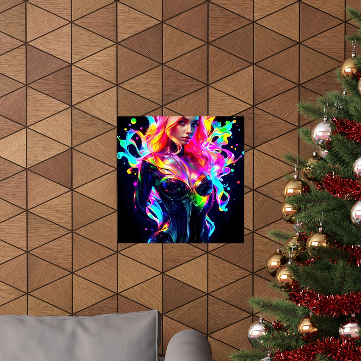 Neon Splash Rainbow Hair Woman Poster Matte Vertical Wall Art