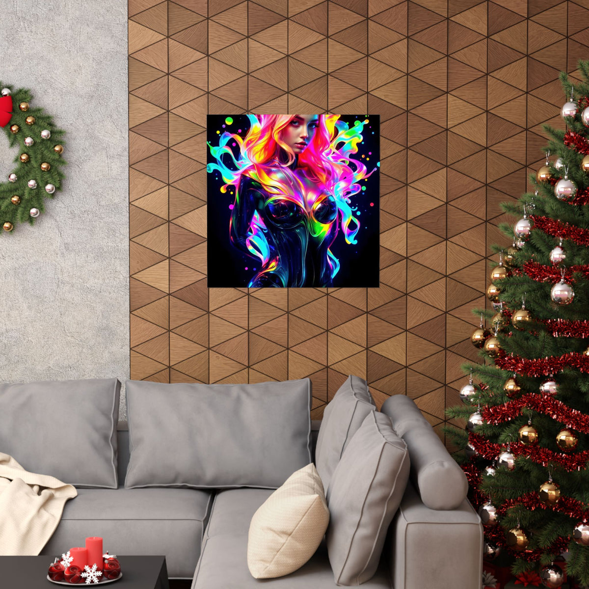 Neon Splash Rainbow Hair Woman Poster Matte Vertical Wall Art