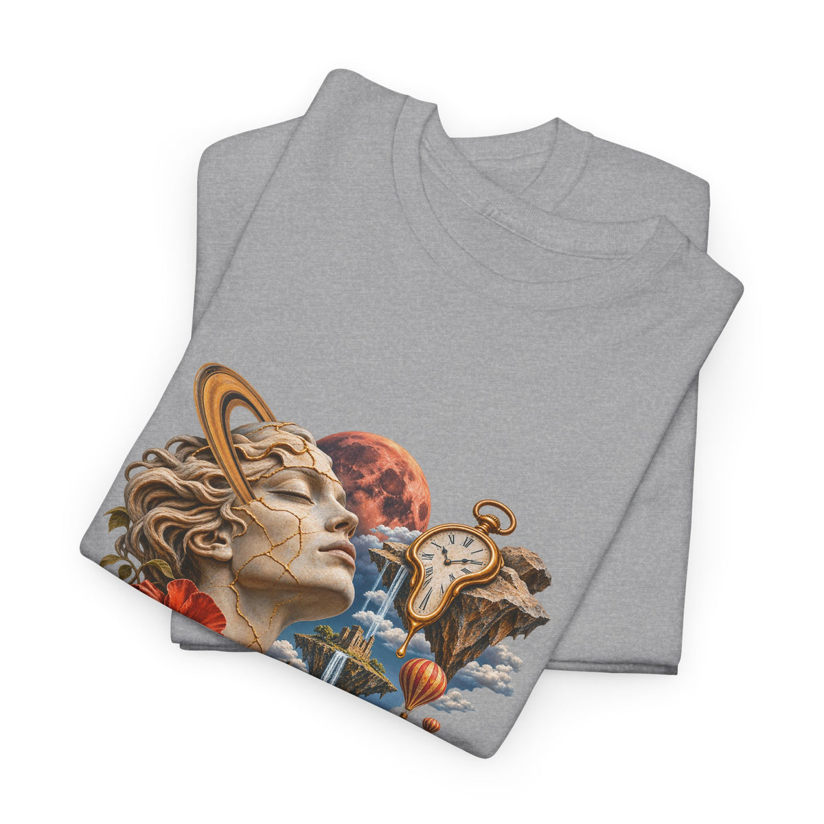 Surreal Kintsugi Bust T-Shirt Melting Clock Floating Islands Celestial Tee