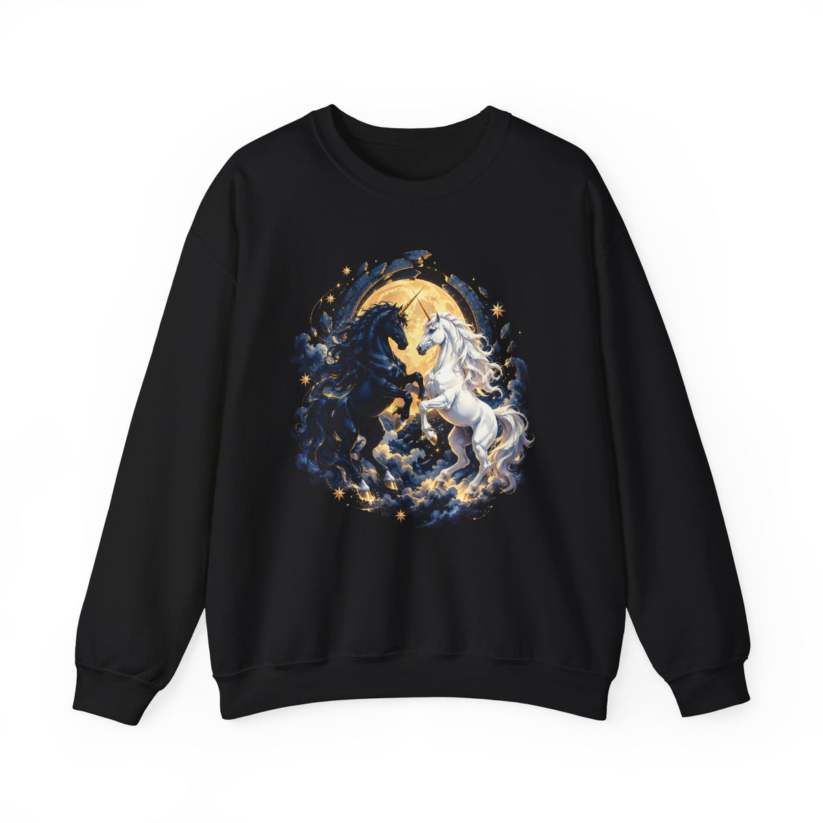 Black and White Unicorns Crewneck Sweatshirt Gold Moon Fantasy Unicorn Art