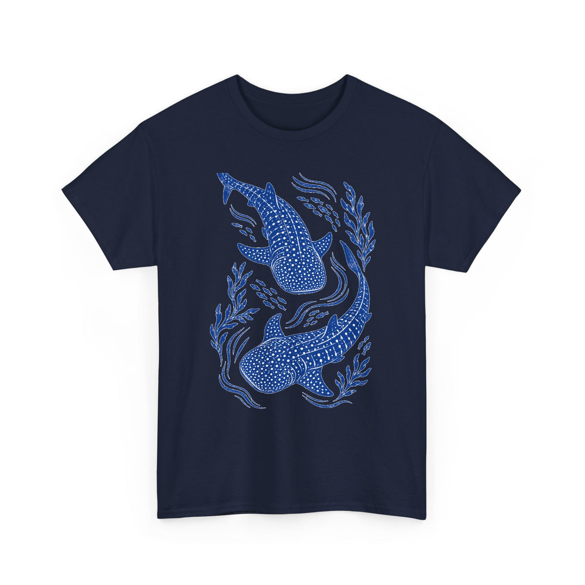 Whale Shark Linocut T-Shirt Blue Block Print Ocean Seaweed Fish Tee