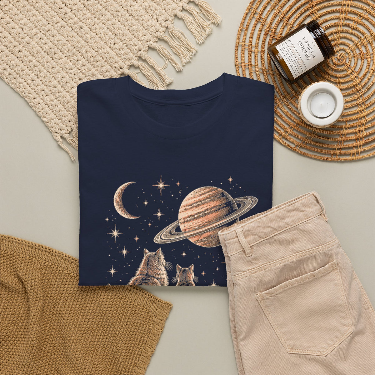 Celestial Space Cats T-Shirt Vintage Woodcut Cats Watching Stars Moon Saturn Tee