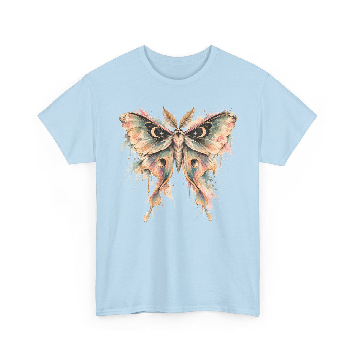 Celestial Luna Moth T-Shirt, Pastel Watercolor Moth Crescent Moon Stars Paint Drip Graphic Tee Unisex