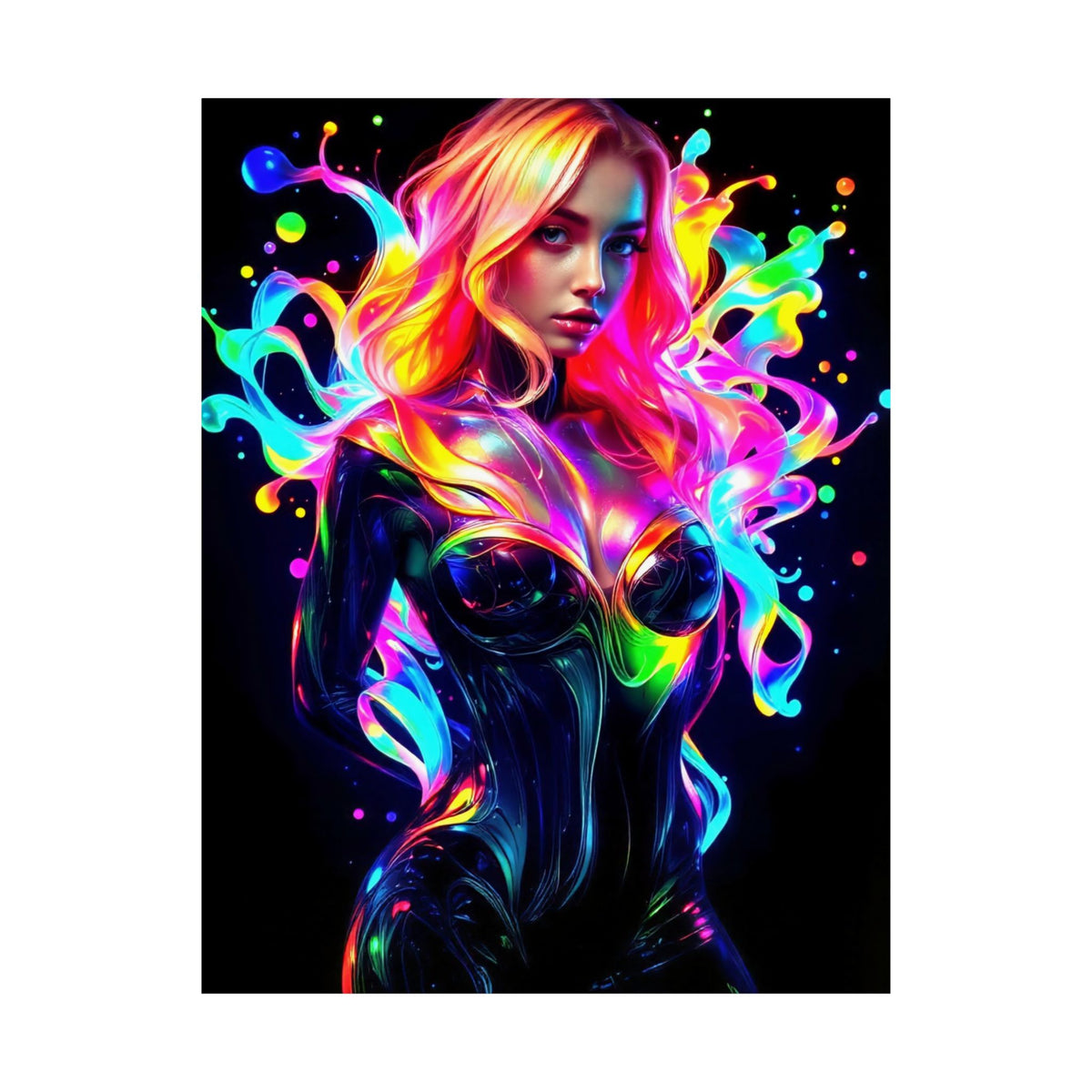 Neon Splash Rainbow Hair Woman Poster Matte Vertical Wall Art