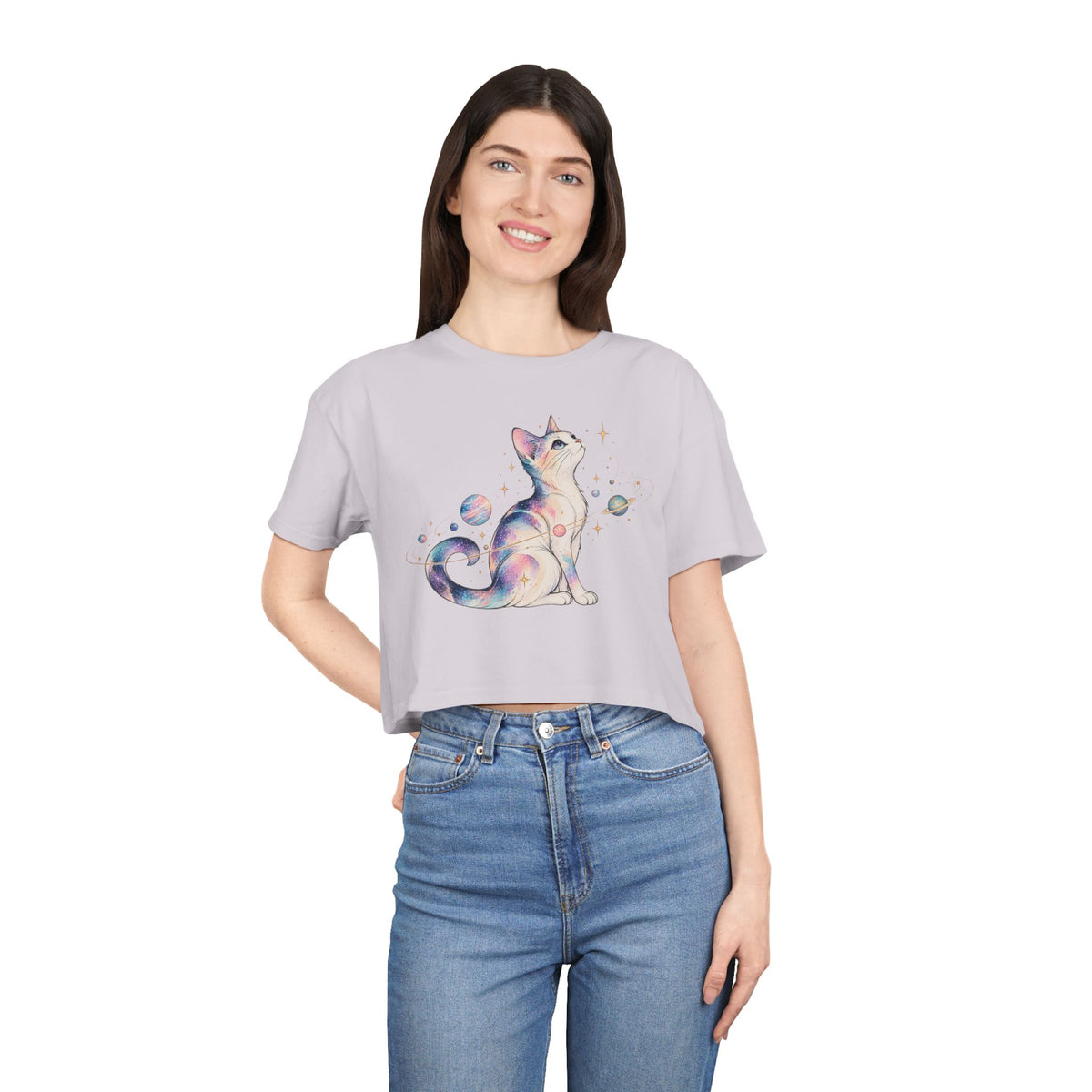 Cosmic Galaxy Cat Crop Tee, Pastel Watercolor Cat Planets Gold Stars Celestial Women's Cropped T-Shirt
