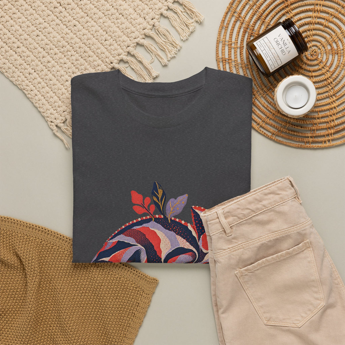 Striped Chameleon T-Shirt Boho Leaves Spiral Tail Lizard Tee