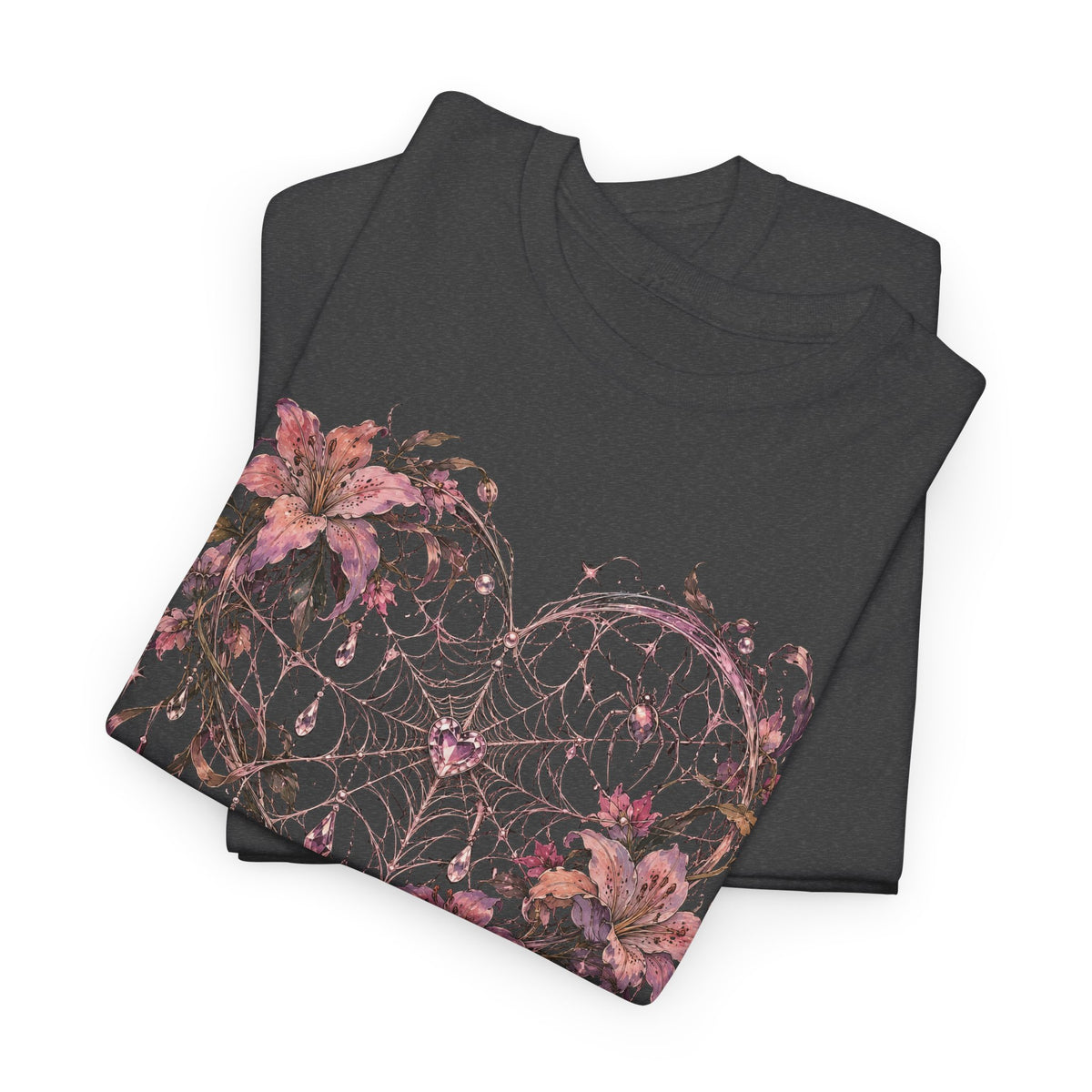 Gothic Spiderweb Heart T-Shirt Pink Lilies Crystal Pastel Goth Graphic Tee