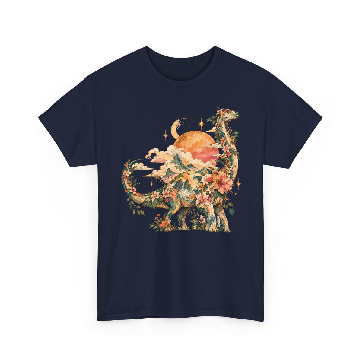 Floral Dinosaur T-Shirt, Vintage Brontosaurus Sunset Mountains Graphic Tee Unisex Nature Shirt