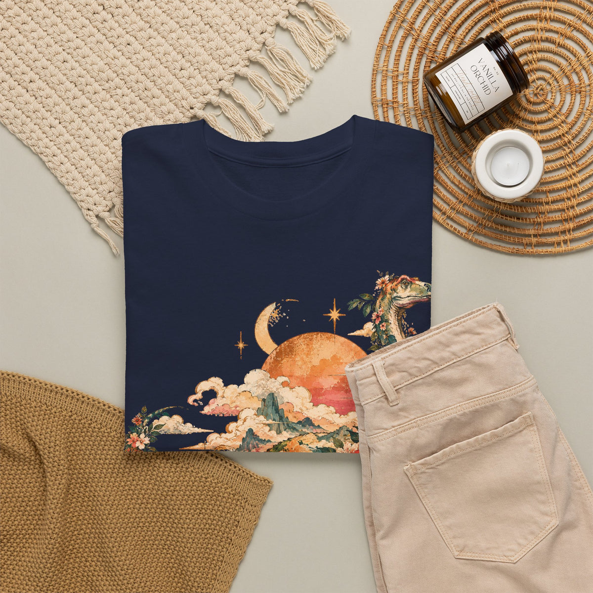 Floral Dinosaur T-Shirt, Vintage Brontosaurus Sunset Mountains Graphic Tee Unisex Nature Shirt