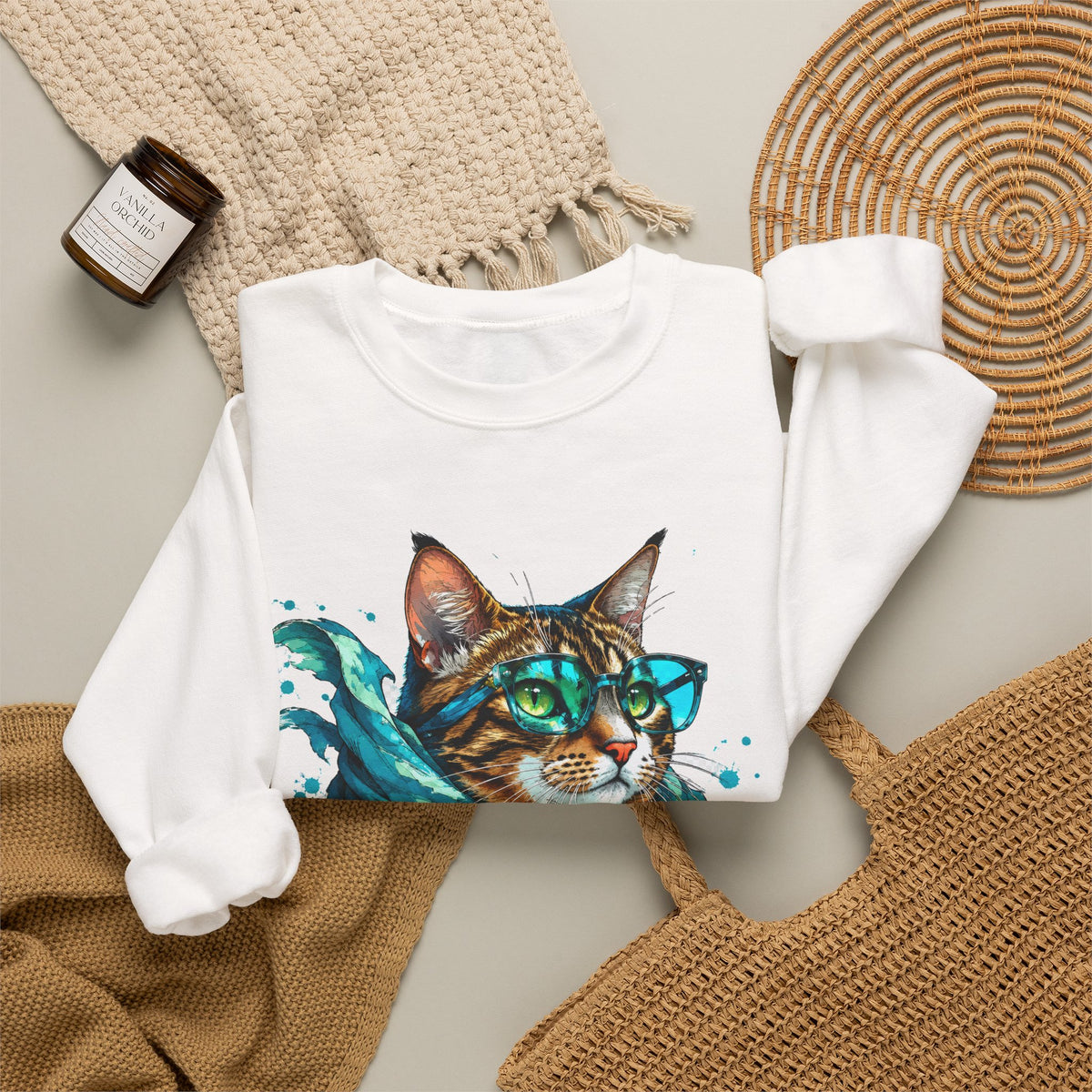 Tabby Cat in Glasses and Scarf Crewneck Sweatshirt Cool Hipster Cat Teal Splash Art