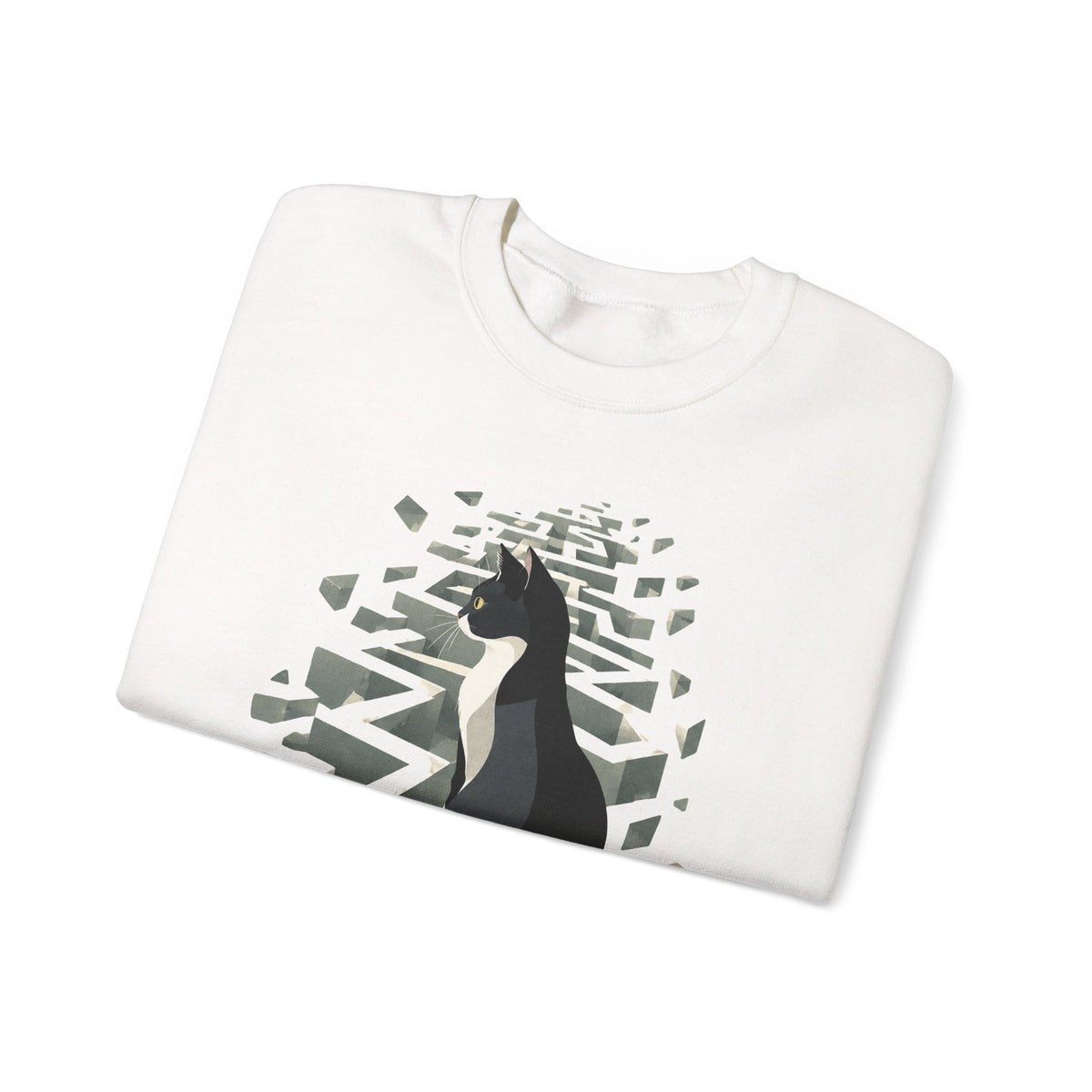 Tuxedo Cat 3D Maze Crewneck Sweatshirt Black and White Cat Surreal Labyrinth Art