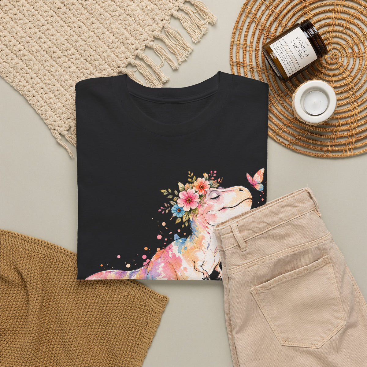 Watercolor T-Rex T-Shirt, Pastel Dinosaur Flower Crown Butterfly Graphic Tee Unisex Cute Dino Shirt
