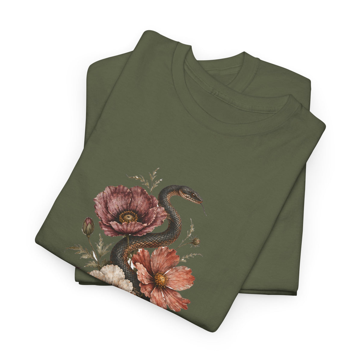 Snake and Poppies T-Shirt Vintage Botanical Serpent Flower Tattoo Style Tee