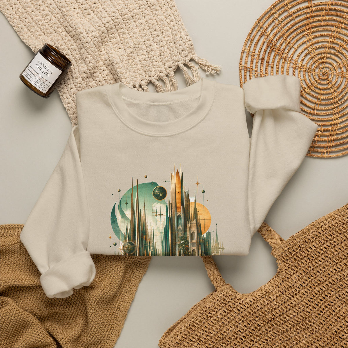 Art Deco Emerald City Crewneck Sweatshirt Gold Fantasy Skyline Roses Stairway Art