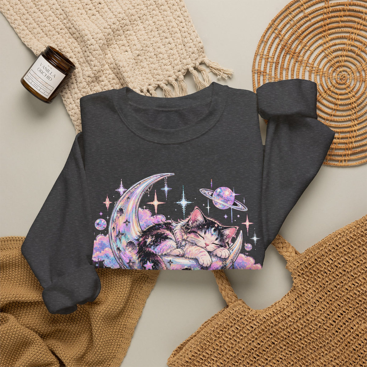 Sleeping Cat on Crescent Moon Sweatshirt Pastel Kawaii Celestial Kitten Crewneck