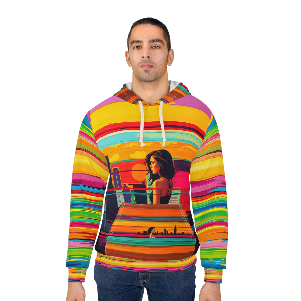 Retro Rainbow Stripe Sunset Unisex Pullover Hoodie All Over Print