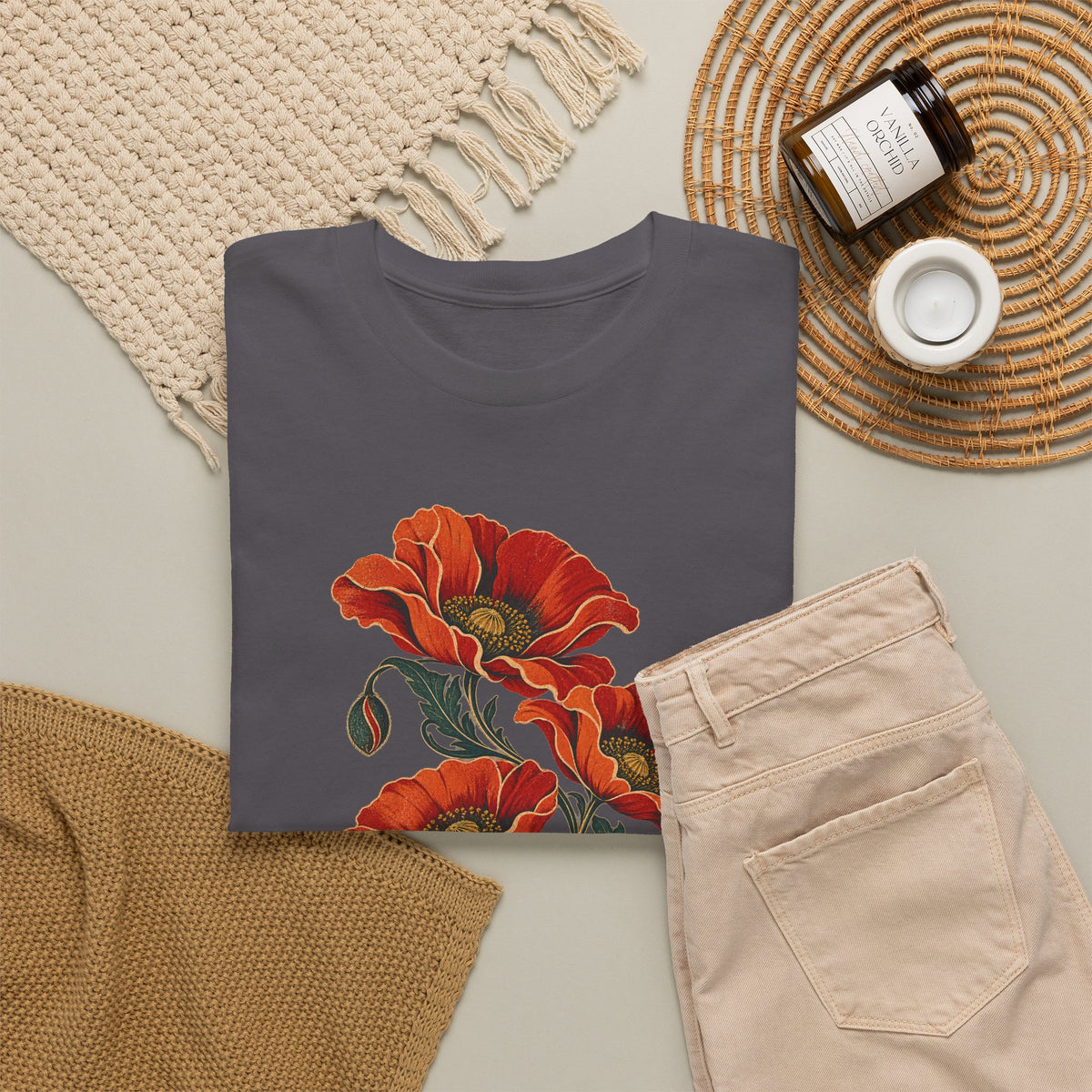 Orange Poppies Botanical T-Shirt Gold Outline Vintage Floral Tee
