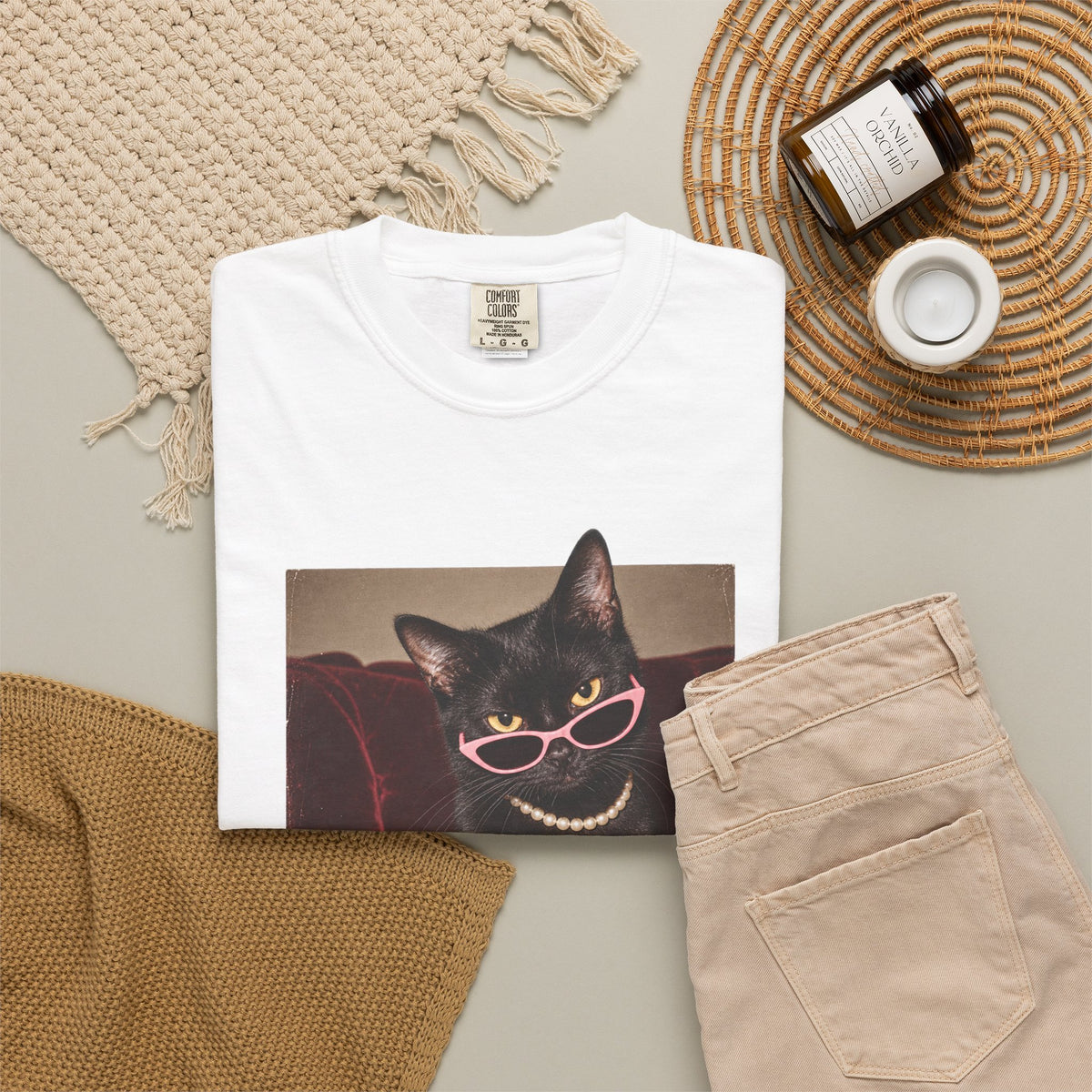 Respectfully What the Fluff Funny Cat Tee Black Cat Sunglasses Pearls Shirt