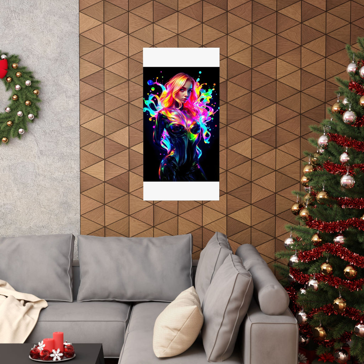 Neon Splash Rainbow Hair Woman Poster Matte Vertical Wall Art