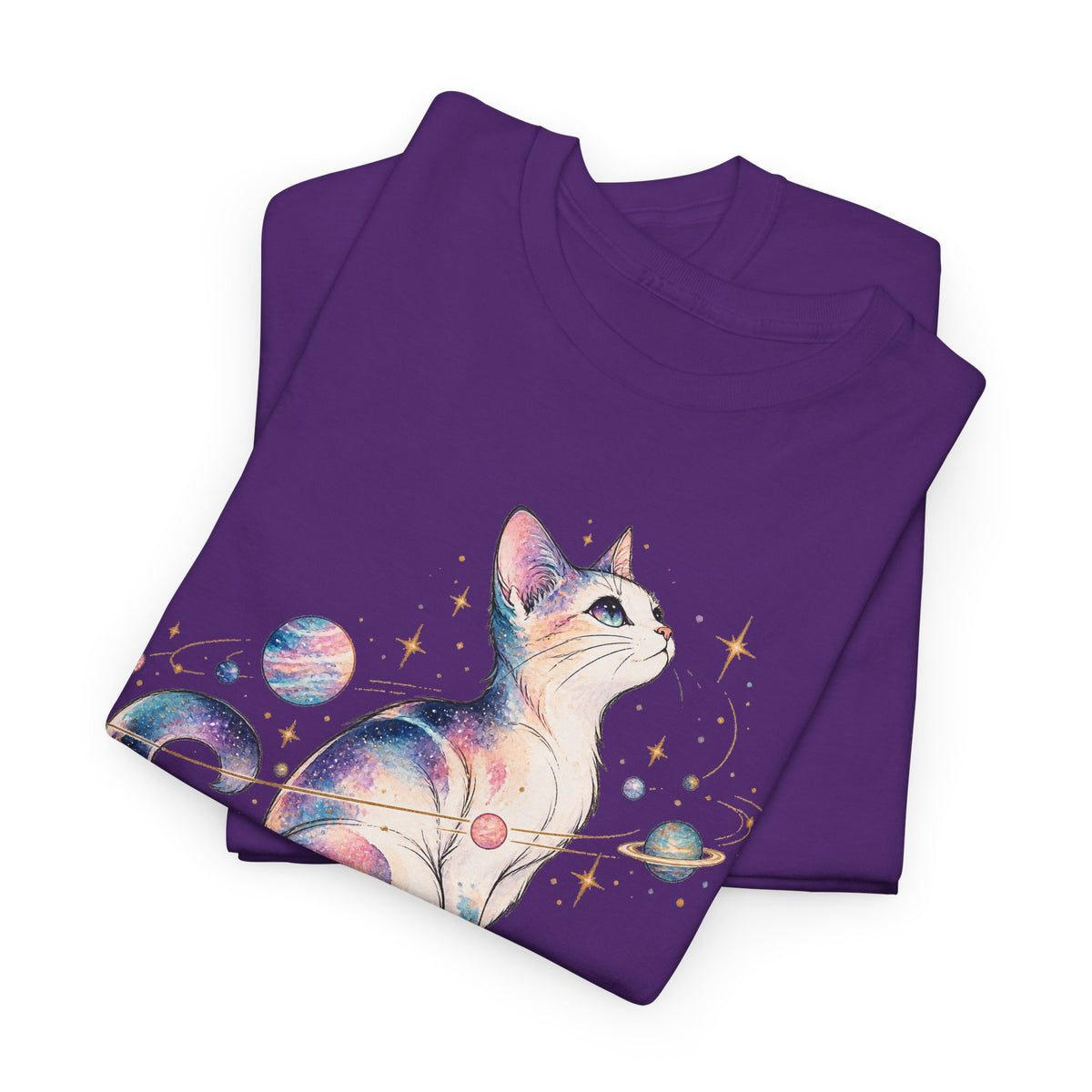 Cosmic Galaxy Cat T-Shirt, Pastel Watercolor Cat Planets Gold Stars Celestial Graphic Tee Unisex