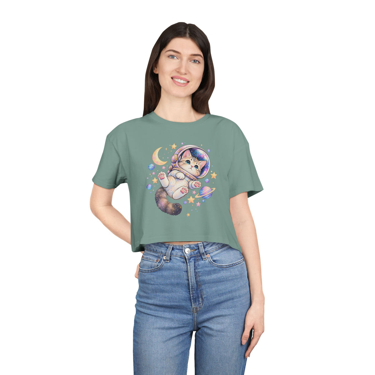 Astronaut Kitten Crop Tee, Cute Pastel Space Cat Helmet Moon Planets Stars Kawaii Women's Cropped T-Shirt