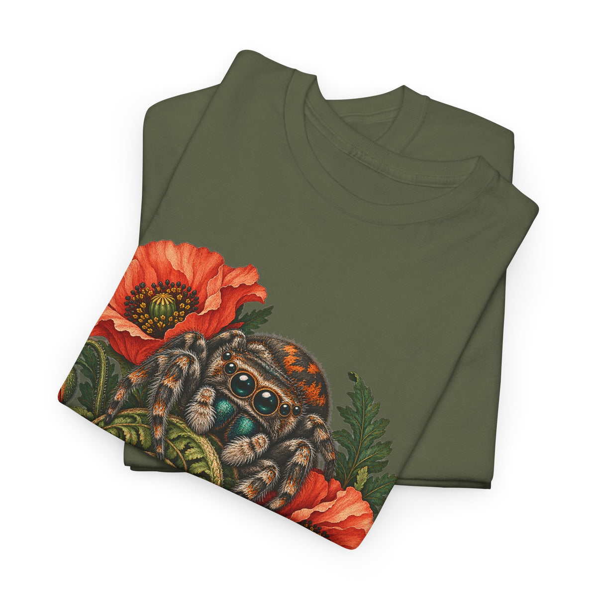 Jumping Spider Poppy Fern T-Shirt Botanical Arachnid Floral Tee