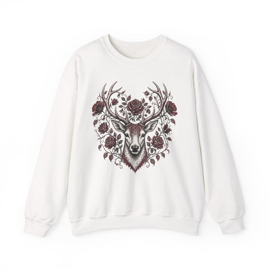 Stag and Roses Sweatshirt Vintage Deer Antlers Botanical Crewneck