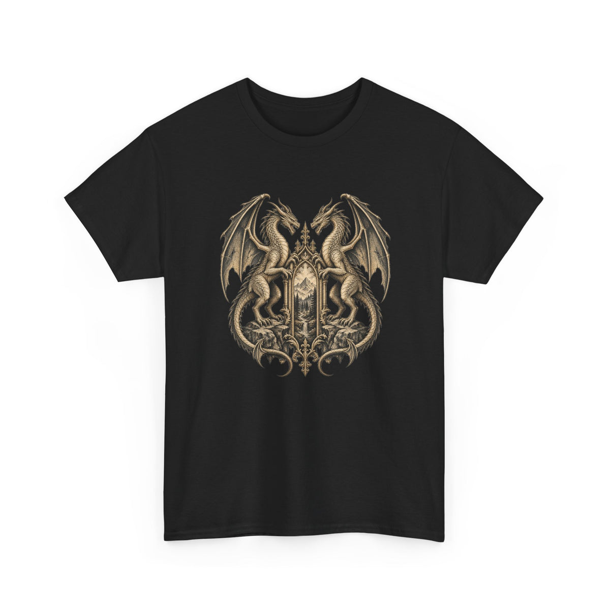 Twin Dragons Gate T-Shirt Fantasy Mountain Portal Dragon Tee