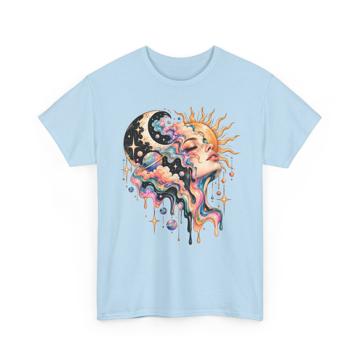 Celestial Sun and Moon Woman T-Shirt, Pastel Cloud Hair Melting Drip Planets Stars Graphic Tee Unisex