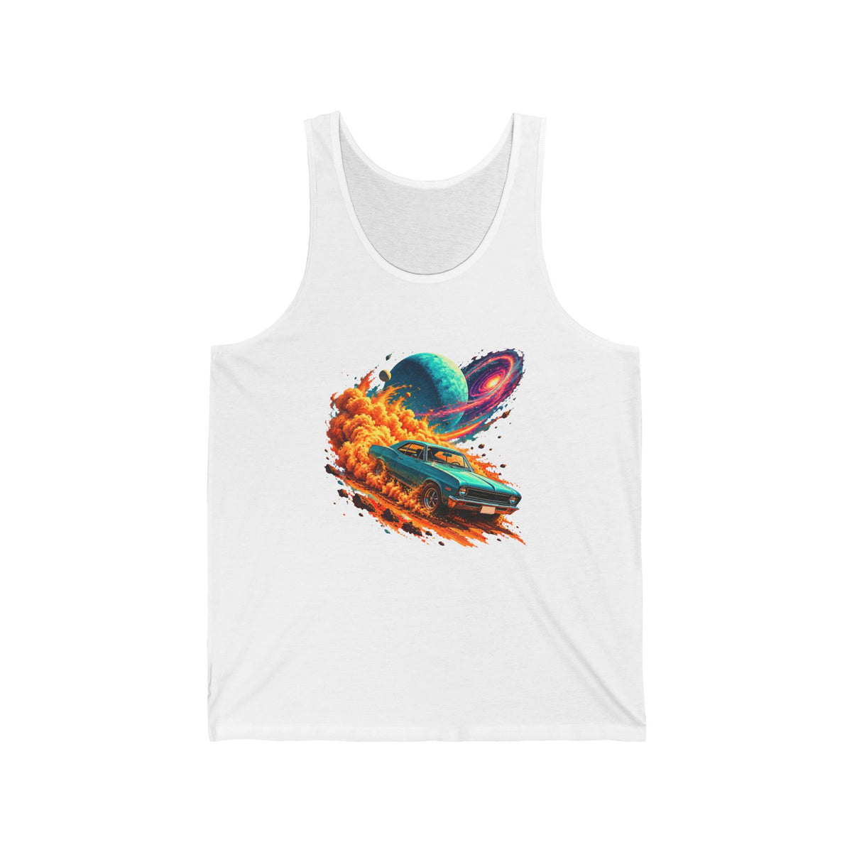 Cosmic Muscle Car Drift Tank Top Teal Classic Car Orange Dust Planet Galaxy Art
