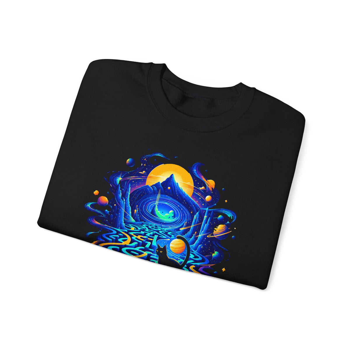 Cosmic Black Cat Maze Sweatshirt Celestial Galaxy Labyrinth Cat Lover Crewneck