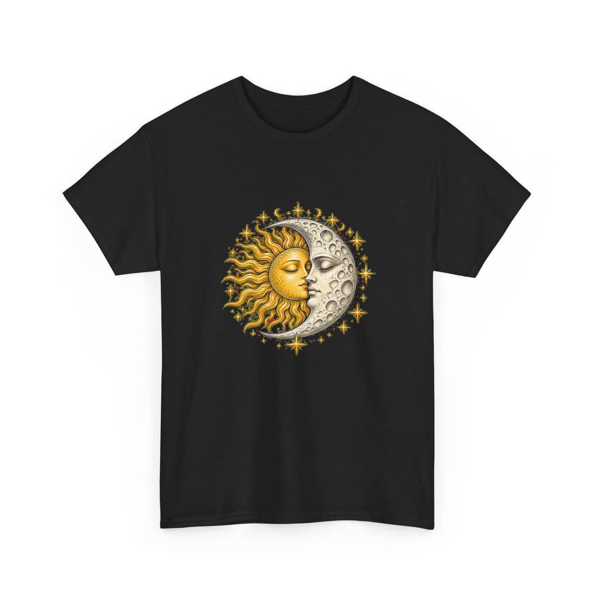 Celestial Sun and Moon Kiss T-Shirt Gold Silver Stars Romance Woodcut Tee