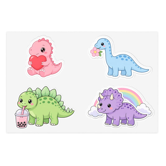 Cute Kawaii Dinosaur Sticker Sheet 4 Pastel Dino Stickers Laptop Water Bottle