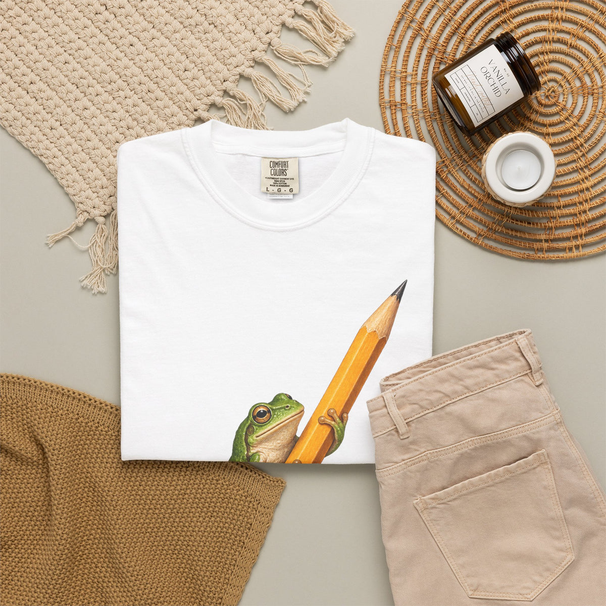 Green Tree Frog on Yellow Pencil Tee Cute Frog Pencil Macro Wildlife Shirt