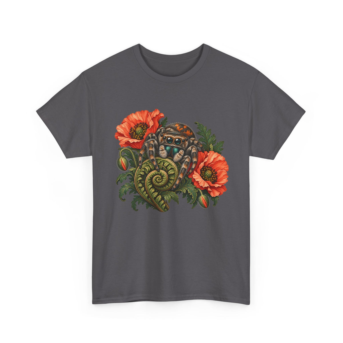 Jumping Spider Poppy Fern T-Shirt Botanical Arachnid Floral Tee