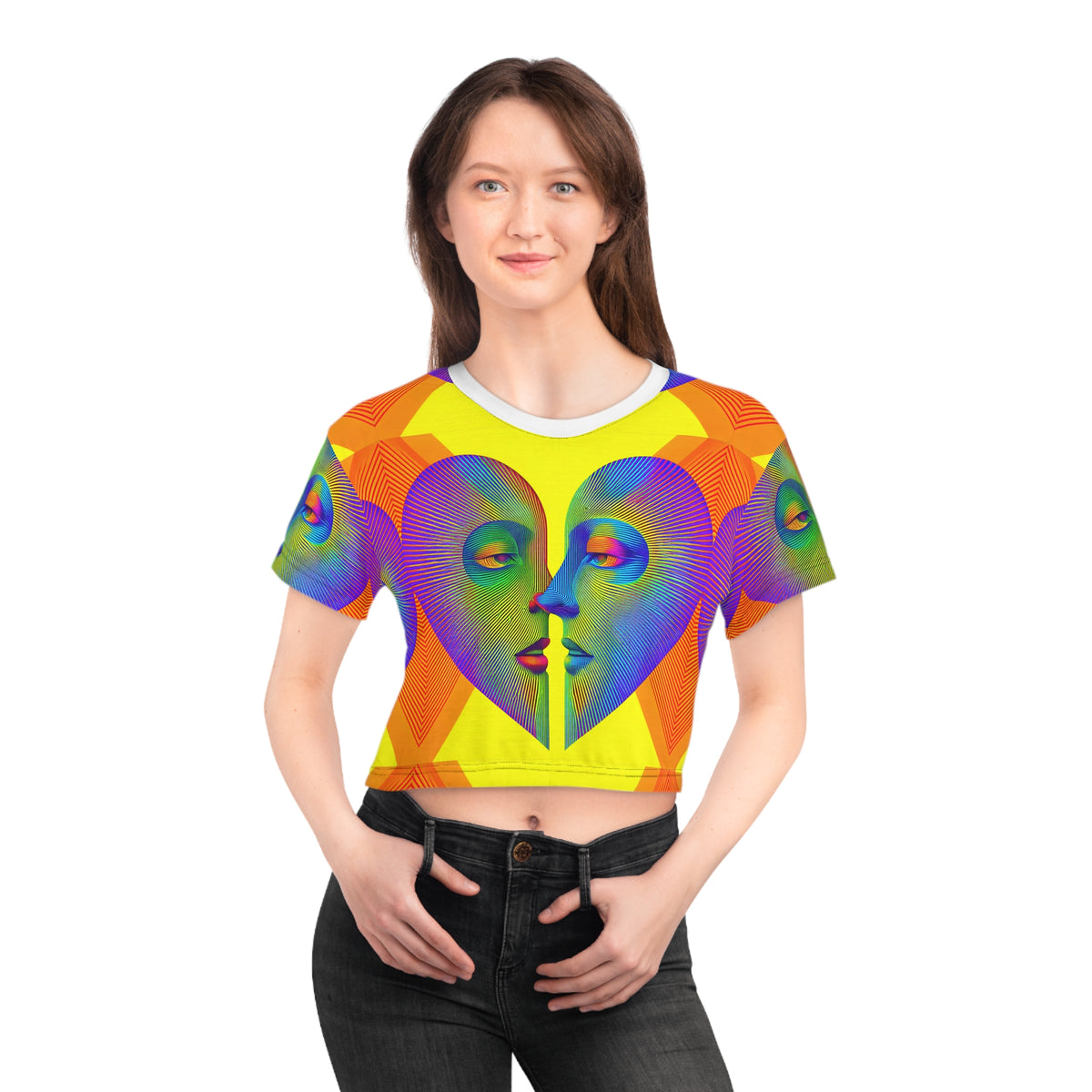 Abstract Kiss Heart Faces Crop Tee Womens Graphic T Shirt