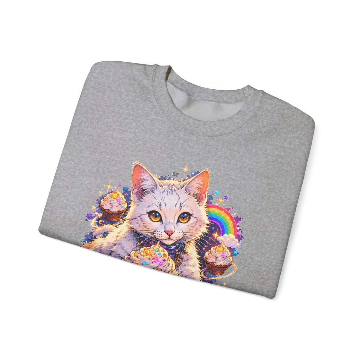 Birthday Cat Cupcake Crewneck Sweatshirt Cute White Kitten Rainbow Sprinkles Party Art