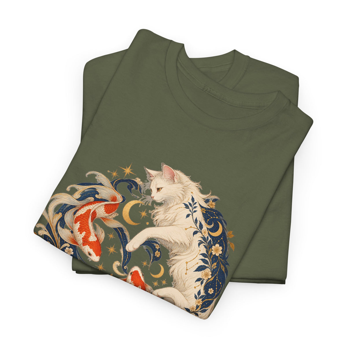 White Cat Koi Celestial T-Shirt Yin Yang Floral Cat Fish Tee