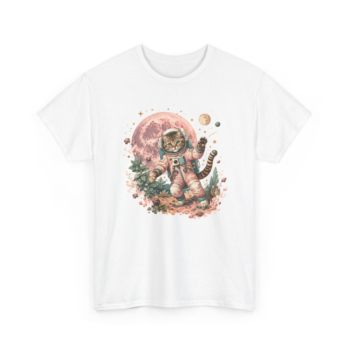 Tabby Cat Astronaut T-Shirt Pastel Pink Moon Space Cat Waving Tee