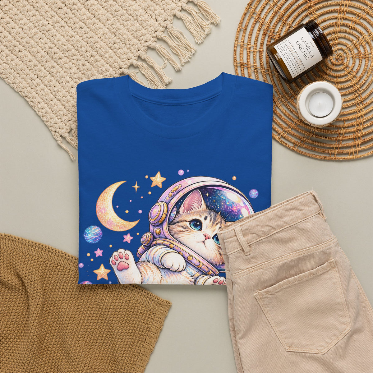 Astronaut Kitten T-Shirt, Cute Pastel Space Cat Helmet Moon Planets Stars Graphic Tee Unisex